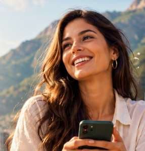 Mujer sonriendo con su celular frente al Ávila, en Caracas